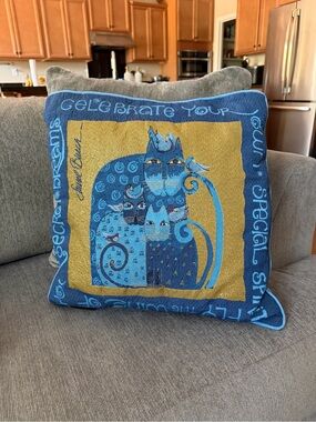 Laurel Burch Blue and Gold Cat Family & Birds Accent Pillow 17 sq